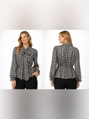 Zara Women's Chain Print Ruffled Career Blouse Size M Tie Neck Long Sleeves